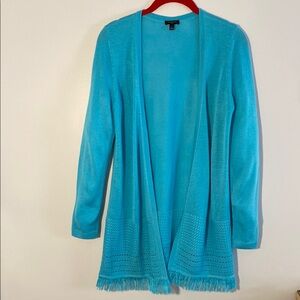 Talbots Women’s Sweater Turquoise Cardigan with Fringe On Bottom Small Petite